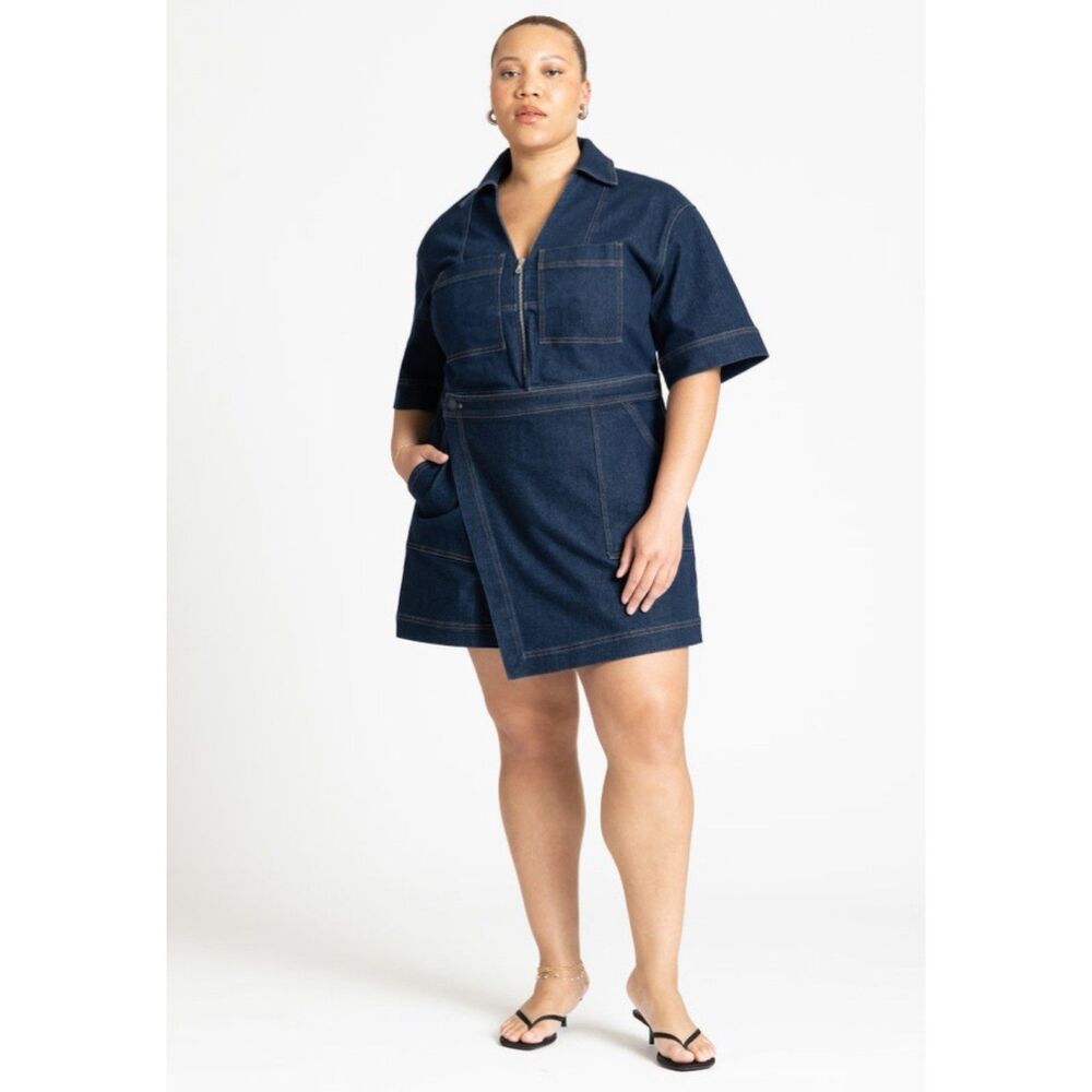 Eloquii Denim Collared Wrap Romper Women Plus Size 20 Dark Blue Utility Chic - Picture 2 of 13